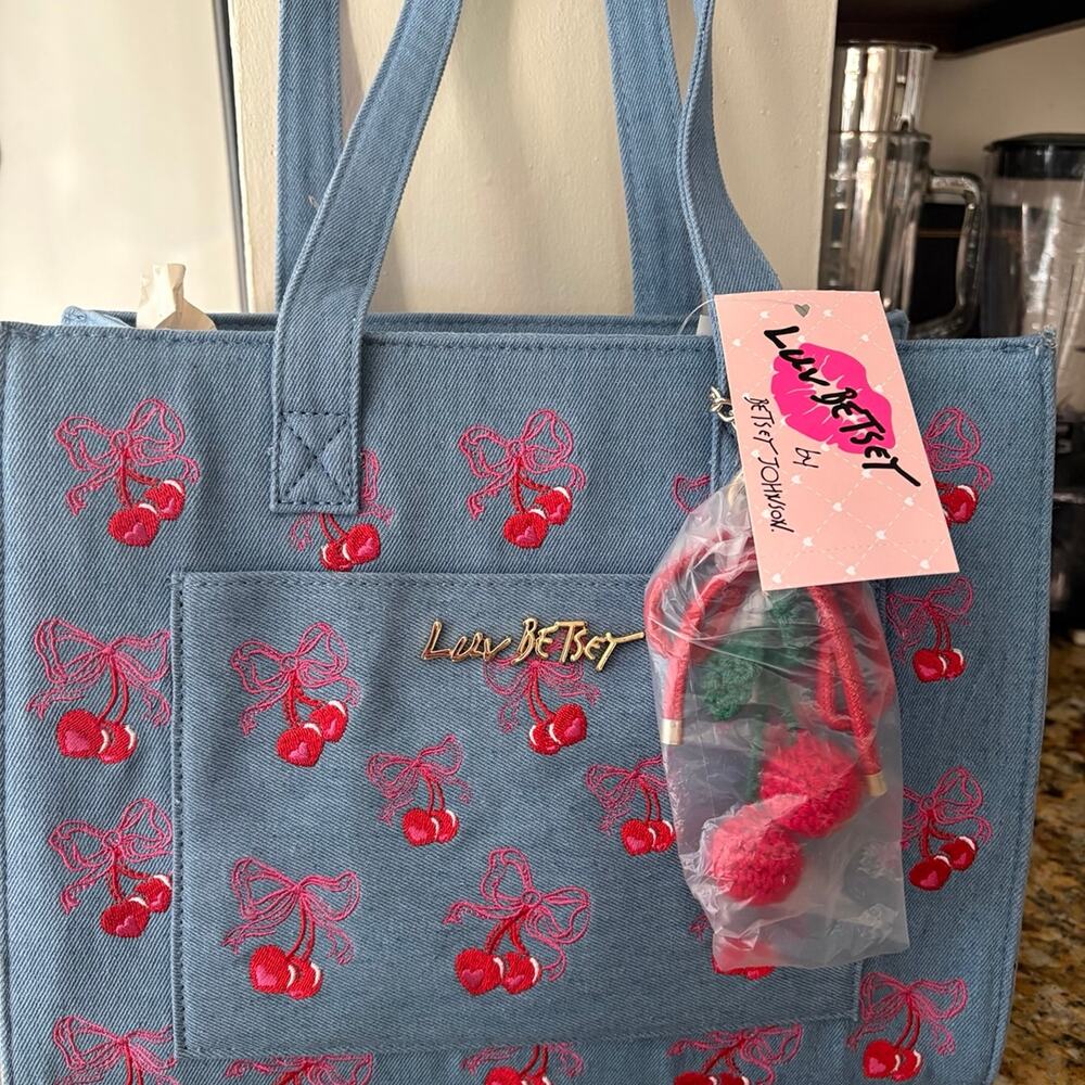 Luv Betsey by Betsey Johnson Denim Cherry Tote + Charm - Picture 2 of 6